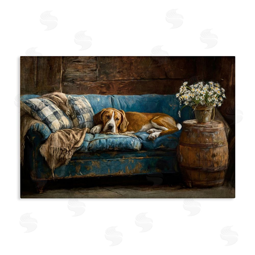 Tina LeCour Hound on Cozy Blue Sofa Stretched Canvas Wall Art Print