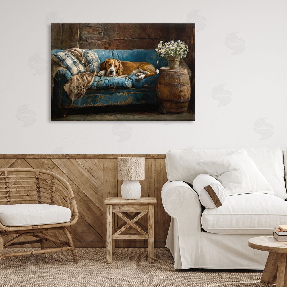 Tina LeCour Hound on Cozy Blue Sofa Stretched Canvas Wall Art in Room