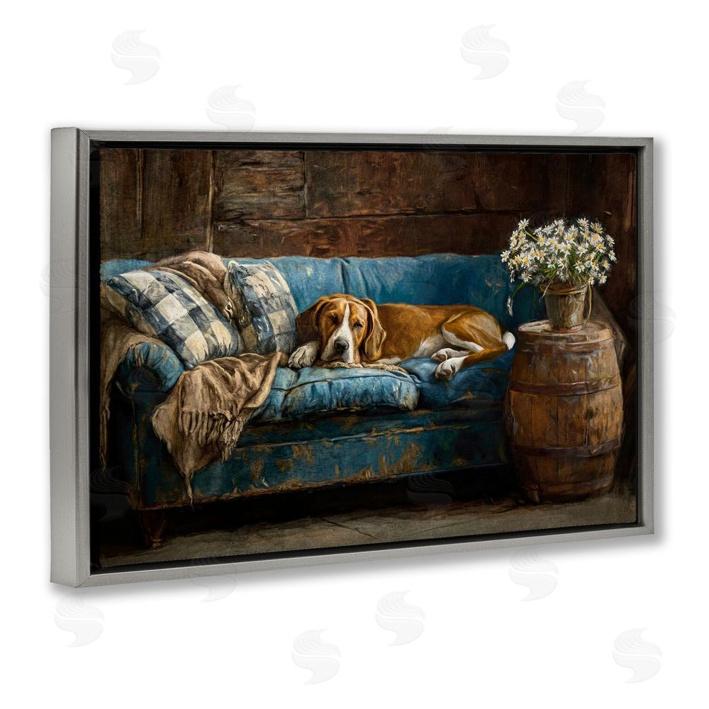 Tina LeCour Hound on Cozy Blue Sofa Gray Floating Frame Canvas Wall Art Print