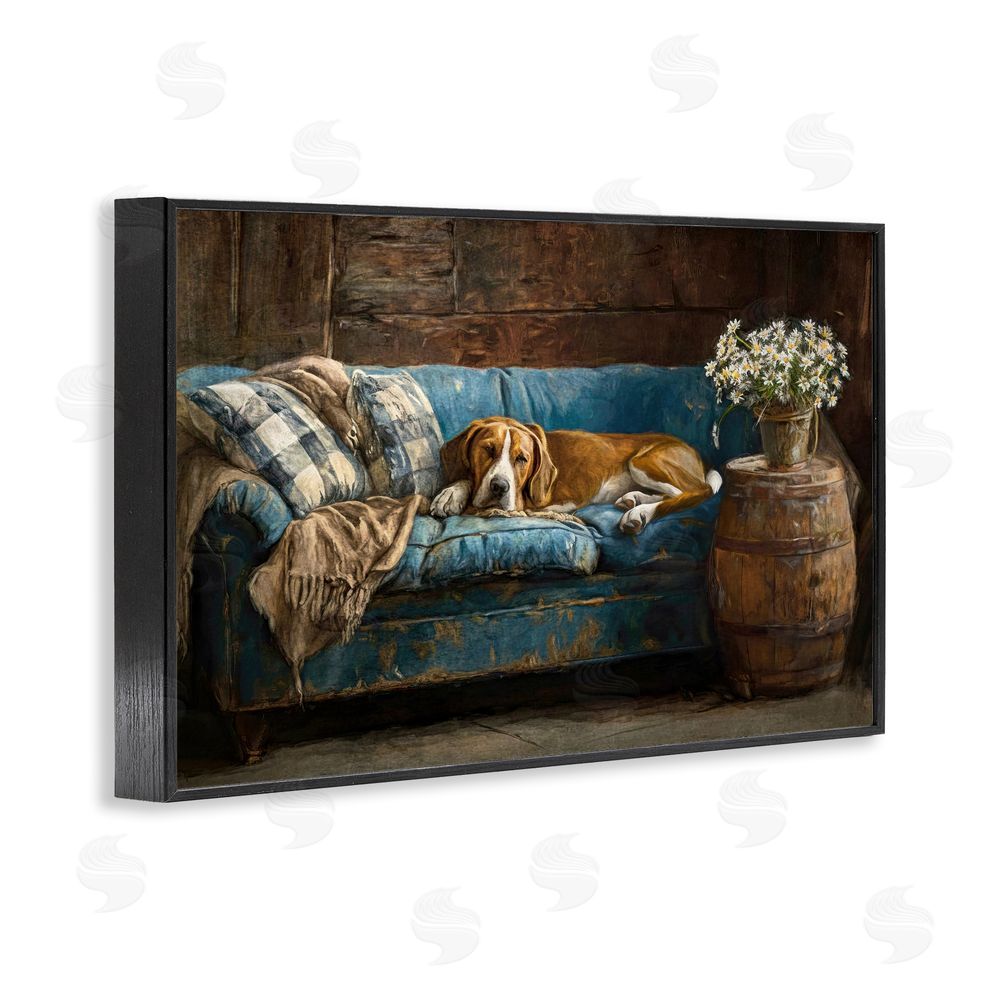 Tina LeCour Hound on Cozy Blue Sofa Black Framed Giclee Wall Art Print