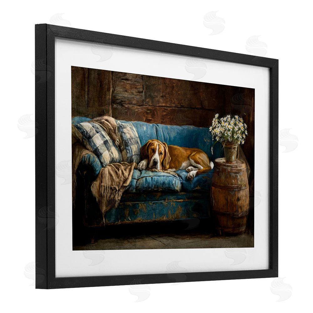 Tina LeCour Hound on Cozy Blue Sofa Black Framed Print Under Glass Wall Art