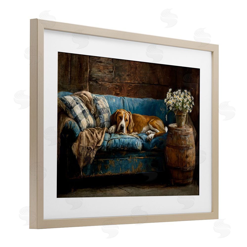 Tina LeCour Hound on Cozy Blue Sofa Brown Framed Print Under Glass Wall Art