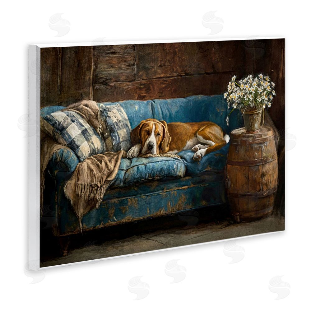 Tina LeCour Hound on Cozy Blue Sofa Wooden Wall Plaque Art Print