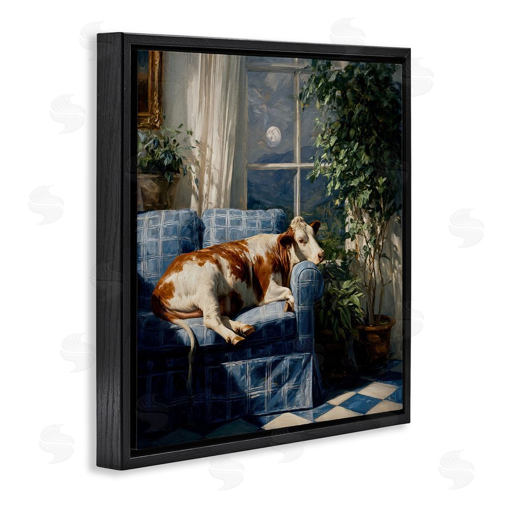 Tina LeCour Midnight Moo Lounging on Sofa Black Floating Frame Canvas Wall Art Print