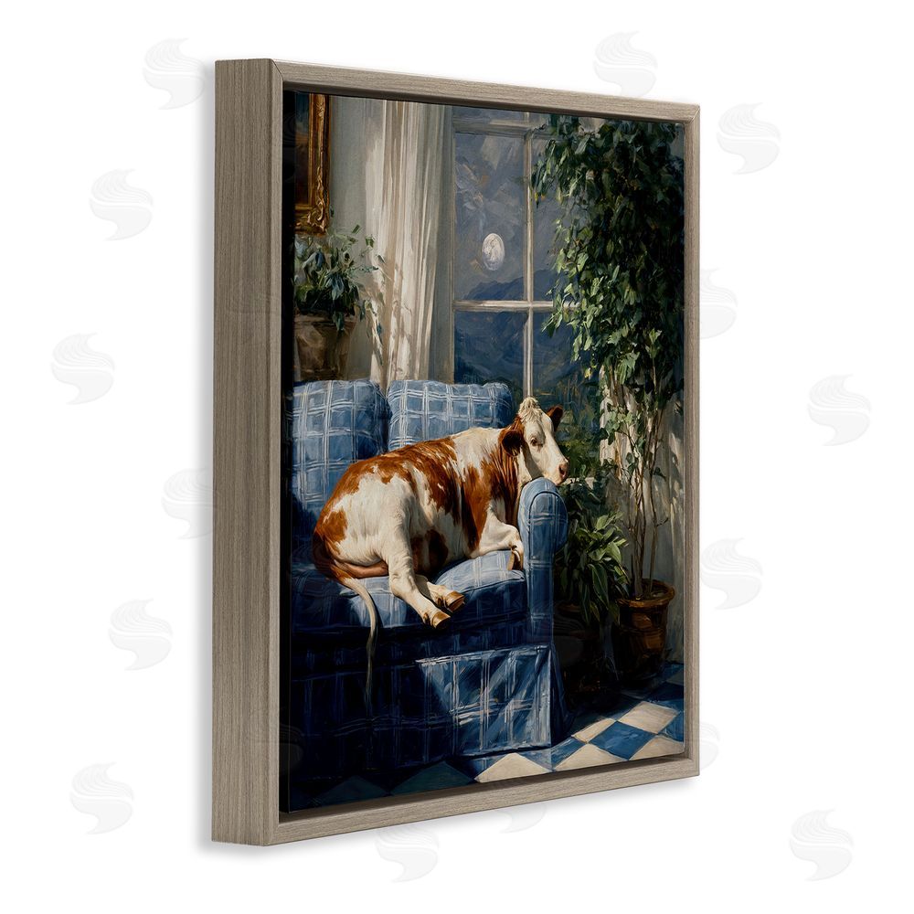 Tina LeCour Midnight Moo Lounging on Sofa Brown Floating Frame Canvas Wall Art Print
