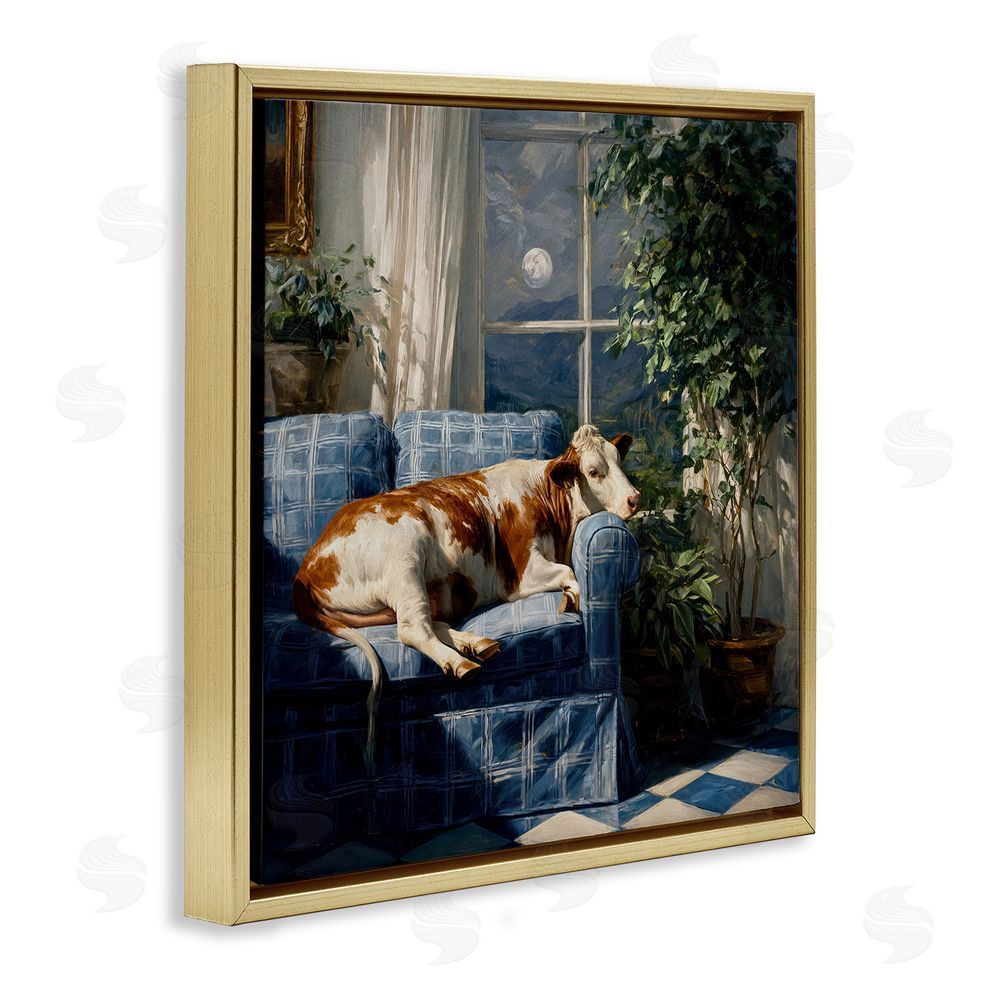 Tina LeCour Midnight Moo Lounging on Sofa Gold Floating Frame Canvas Wall Art Print