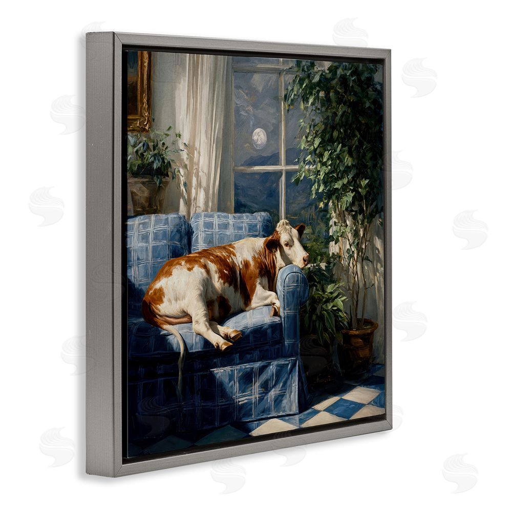 Tina LeCour Midnight Moo Lounging on Sofa Gray Floating Frame Canvas Wall Art Print