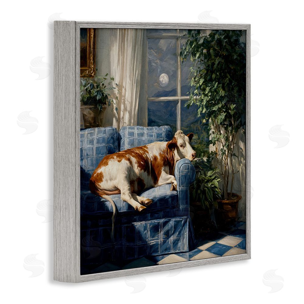 Tina LeCour Midnight Moo Lounging on Sofa Gray Framed Giclee Wall Art Print