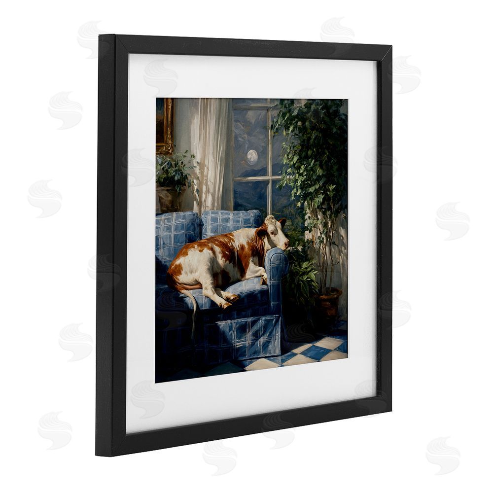 Tina LeCour Midnight Moo Lounging on Sofa Black Framed Print Under Glass Wall Art