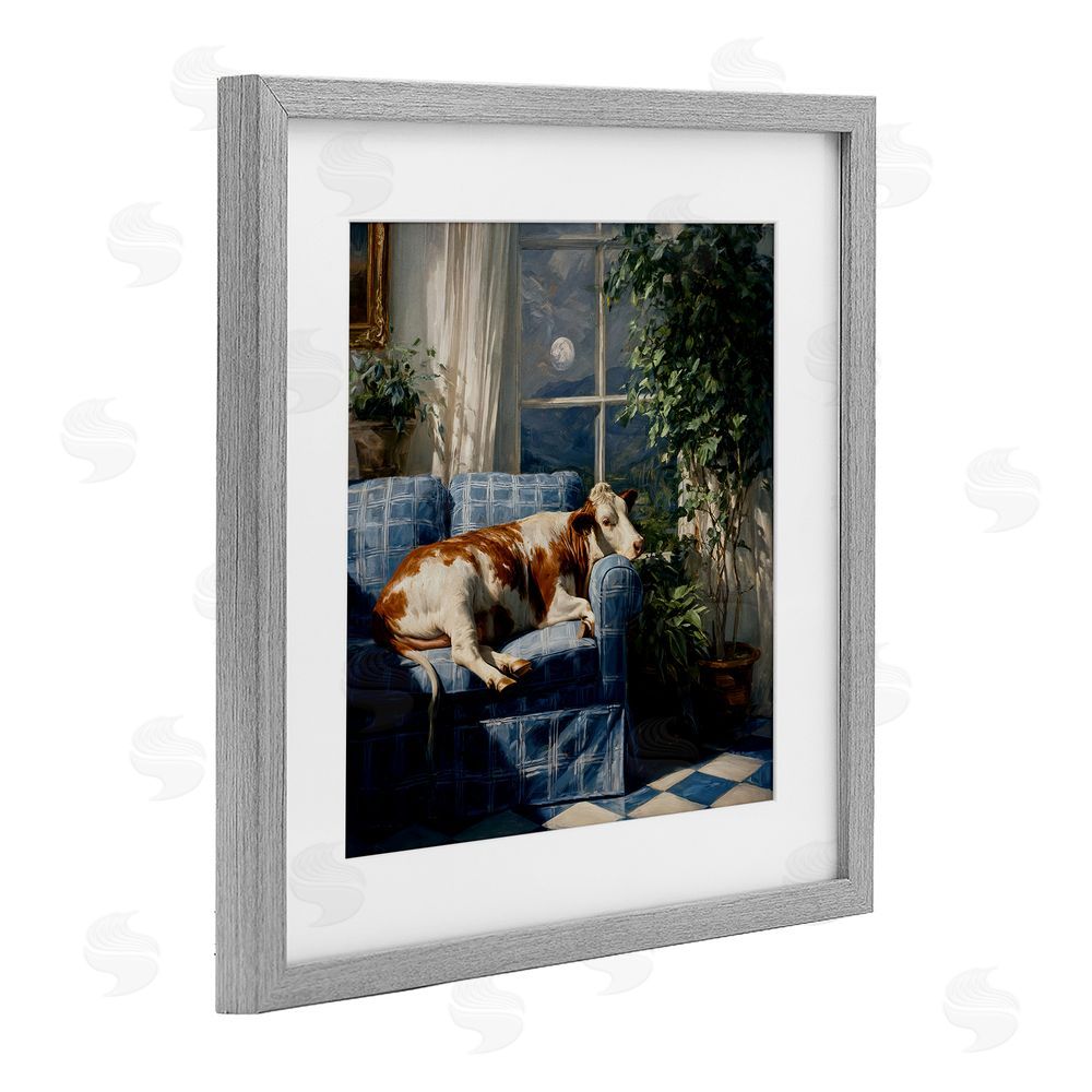 Tina LeCour Midnight Moo Lounging on Sofa Gray Framed Print Under Glass Wall Art