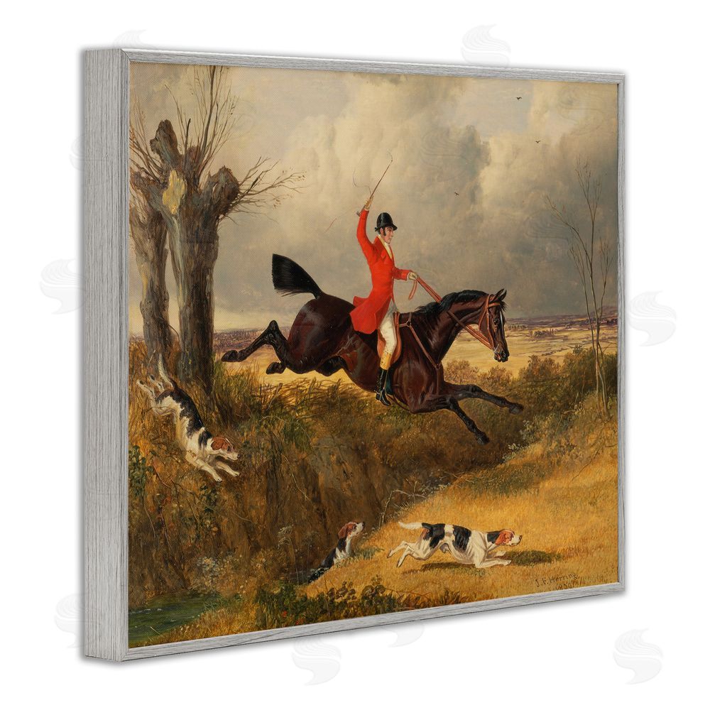Tina LeCour Jockey & Dogs Clearing a Ditch Gray Framed Giclee Wall Art Print