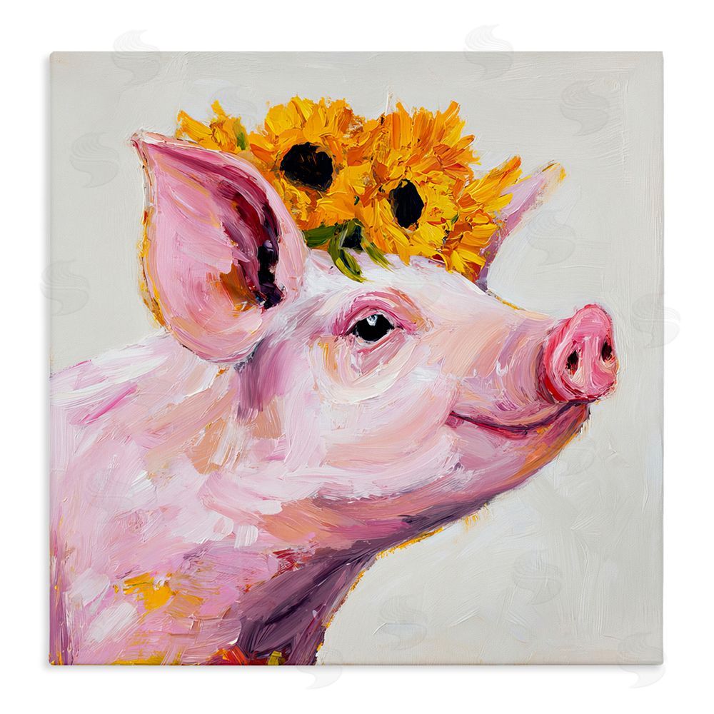Tina LeCour Happy Pig Wearing Sunflower Crown Stretched Canvas Wall Art Print