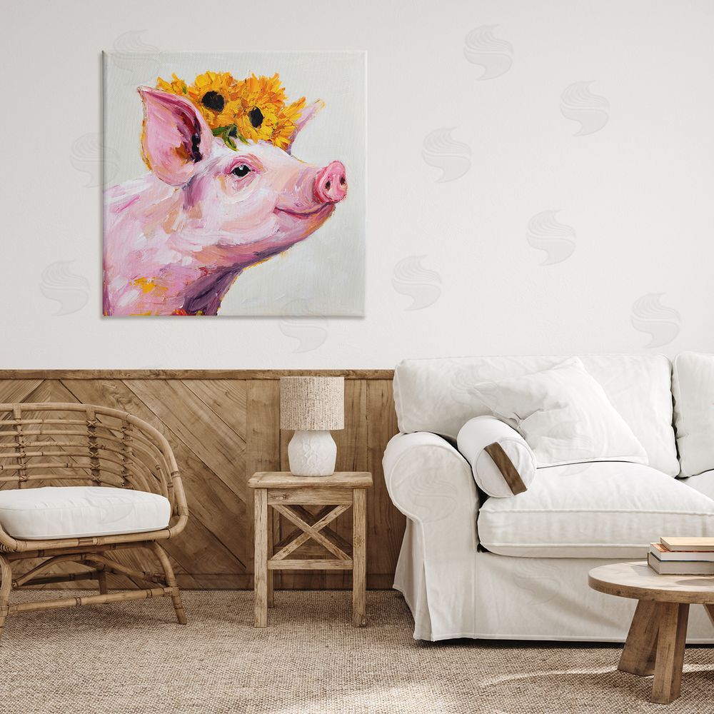 Tina LeCour Happy Pig Wearing Sunflower Crown Stretched Canvas Wall Art in Room