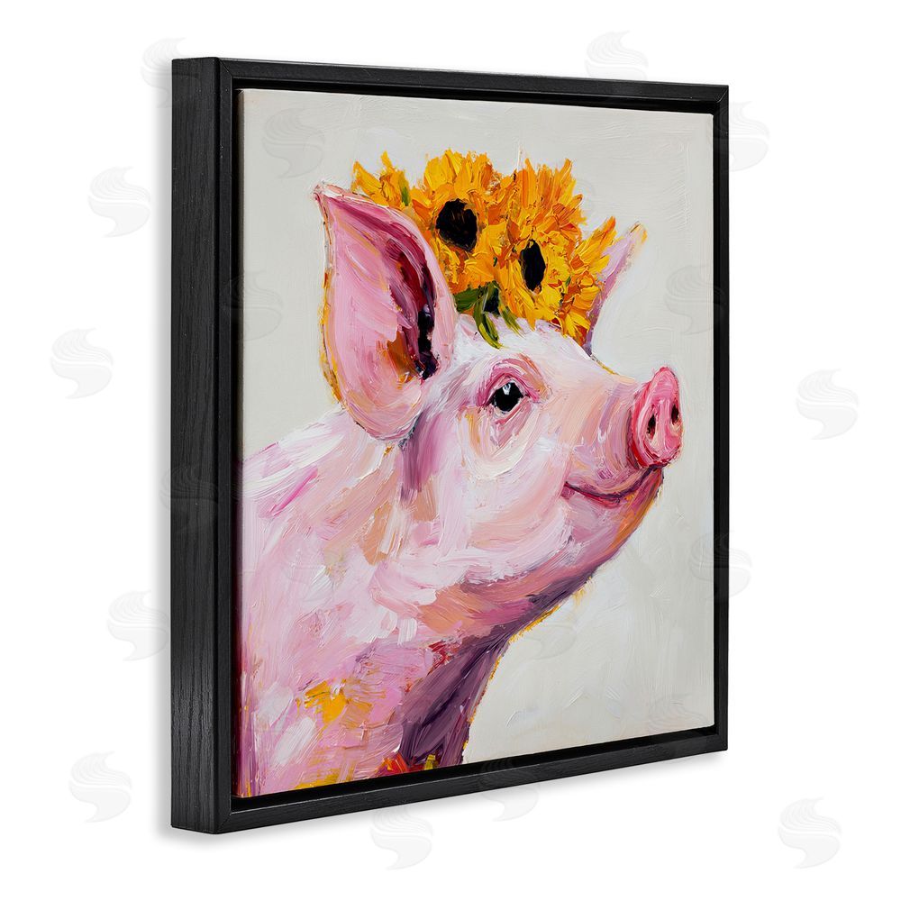 Tina LeCour Happy Pig Wearing Sunflower Crown Black Floating Frame Canvas Wall Art Print