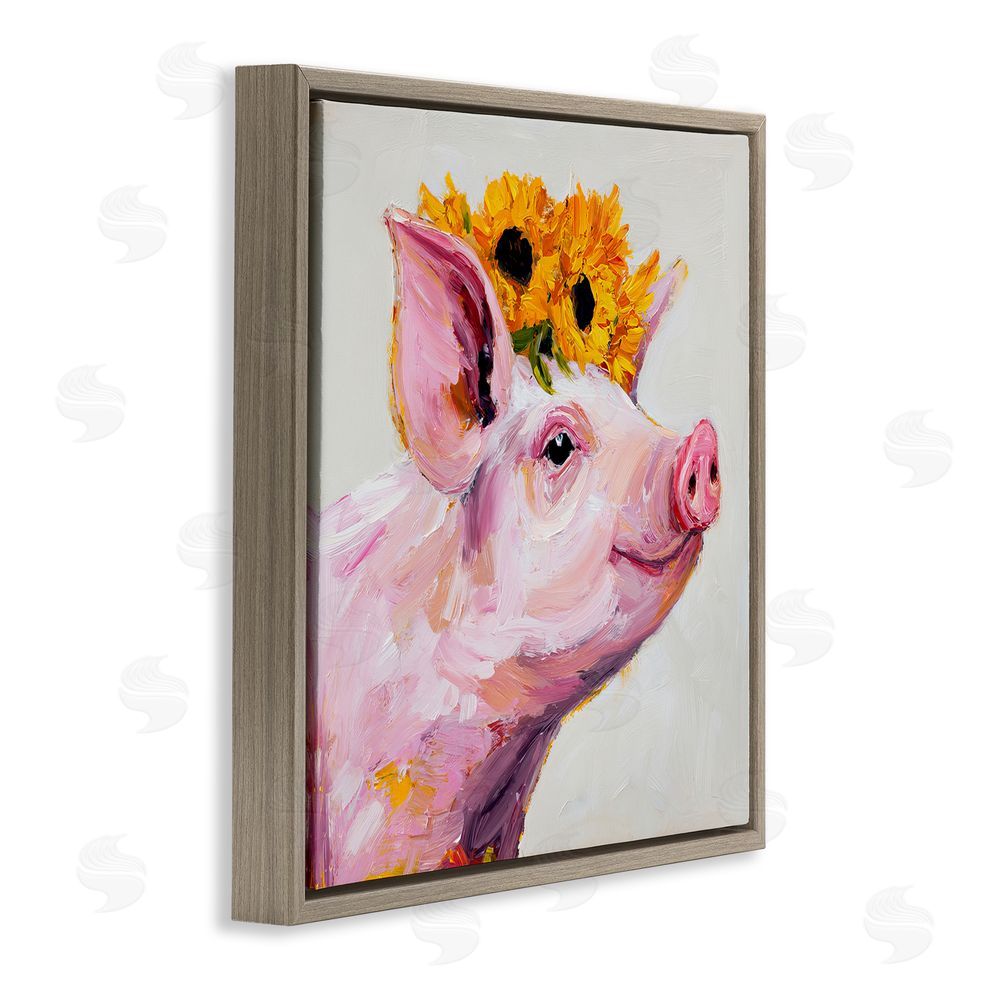 Tina LeCour Happy Pig Wearing Sunflower Crown Brown Floating Frame Canvas Wall Art Print
