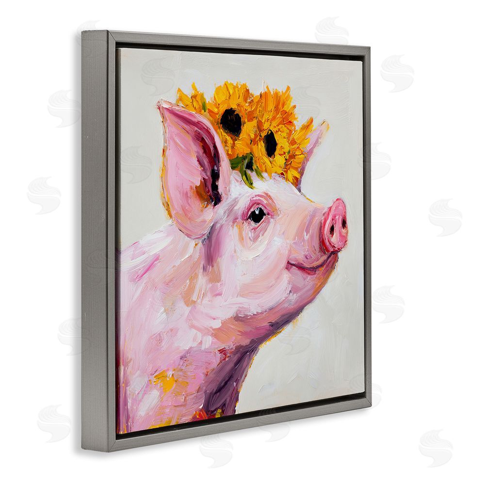 Tina LeCour Happy Pig Wearing Sunflower Crown Gray Floating Frame Canvas Wall Art Print