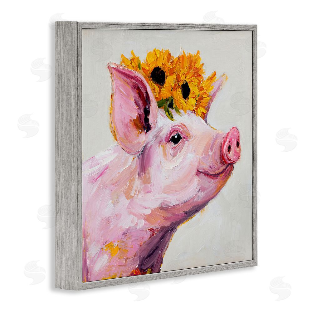 Tina LeCour Happy Pig Wearing Sunflower Crown Gray Framed Giclee Wall Art Print