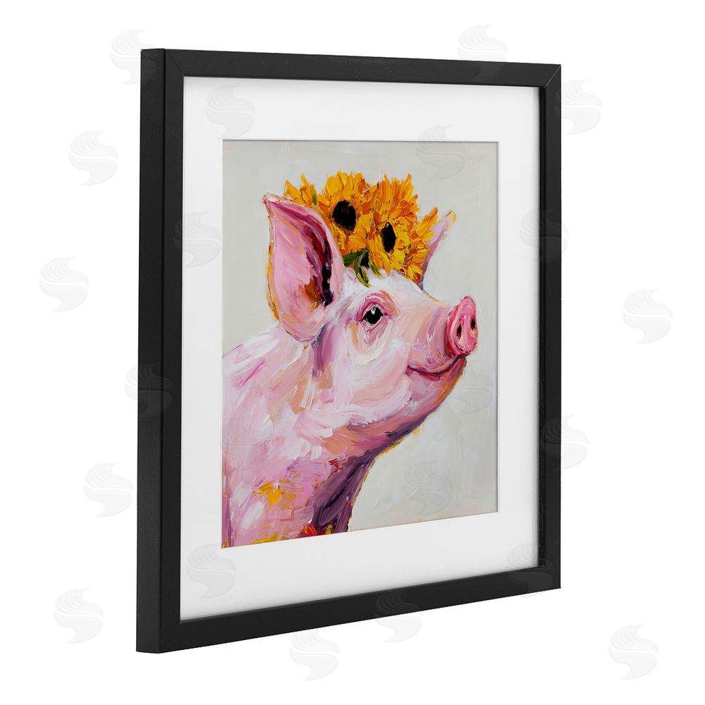 Tina LeCour Happy Pig Wearing Sunflower Crown Black Framed Print Under Glass Wall Art