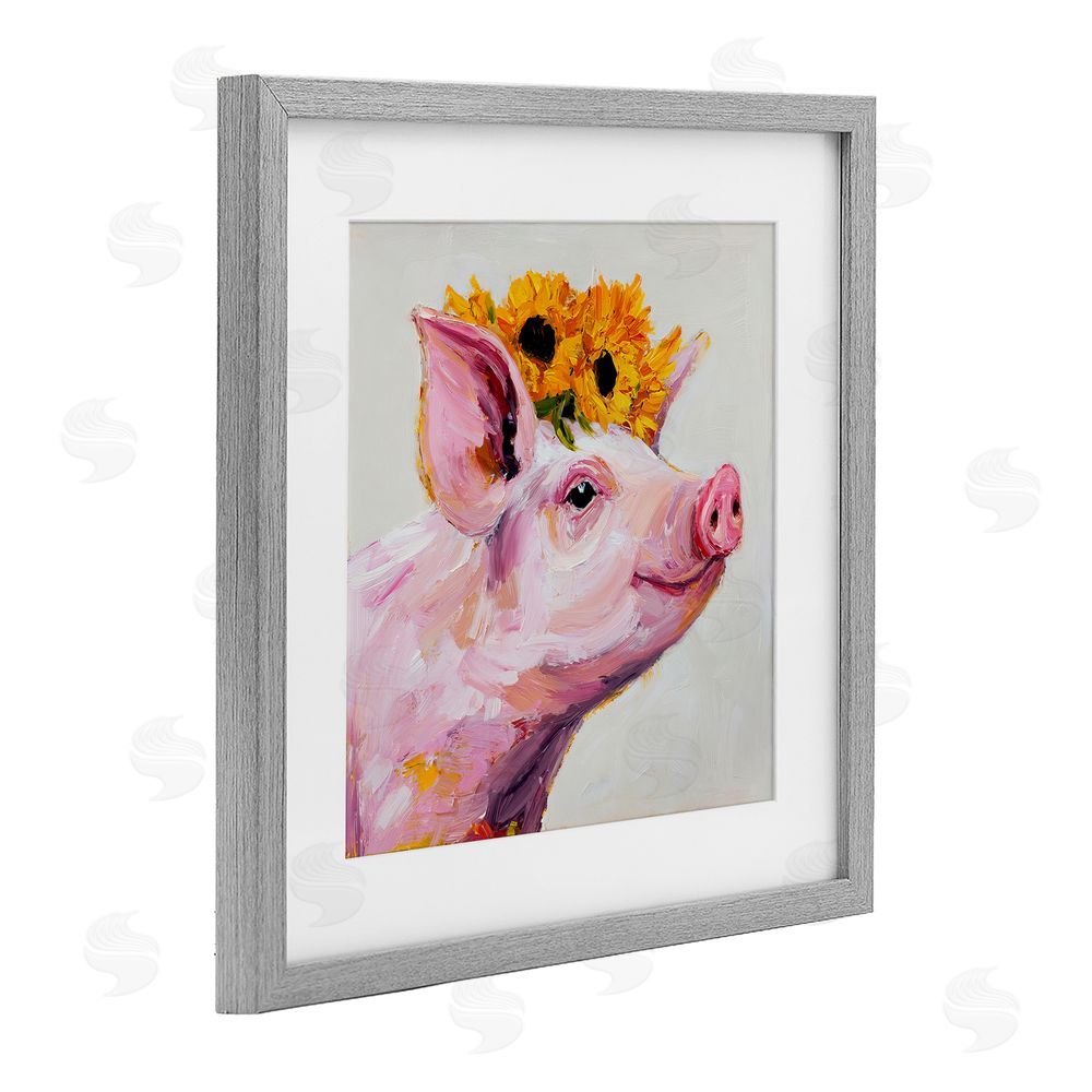 Tina LeCour Happy Pig Wearing Sunflower Crown Gray Framed Print Under Glass Wall Art
