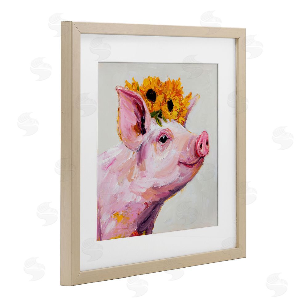 Tina LeCour Happy Pig Wearing Sunflower Crown Brown Framed Print Under Glass Wall Art