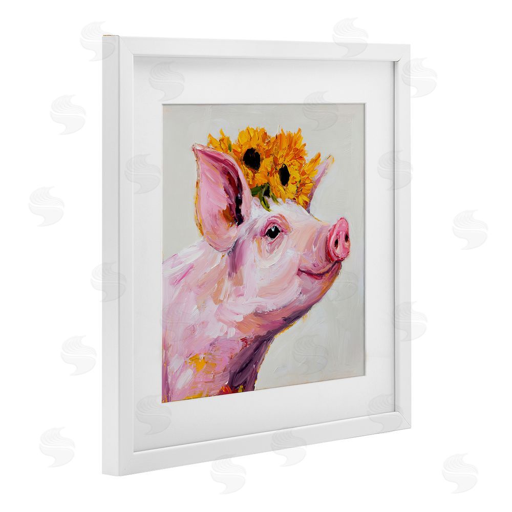 Tina LeCour Happy Pig Wearing Sunflower Crown White Framed Print Under Glass Wall Art
