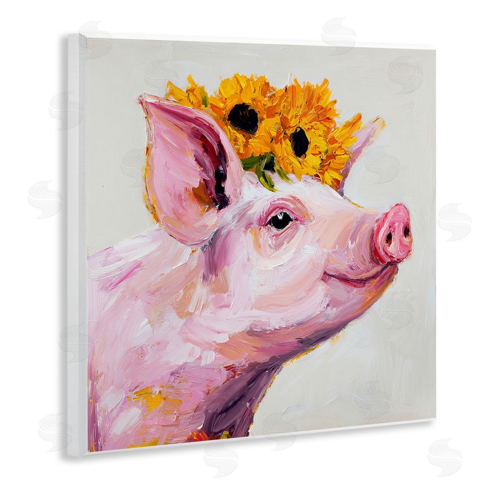 Tina LeCour Happy Pig Wearing Sunflower Crown Wooden Wall Plaque Art Print