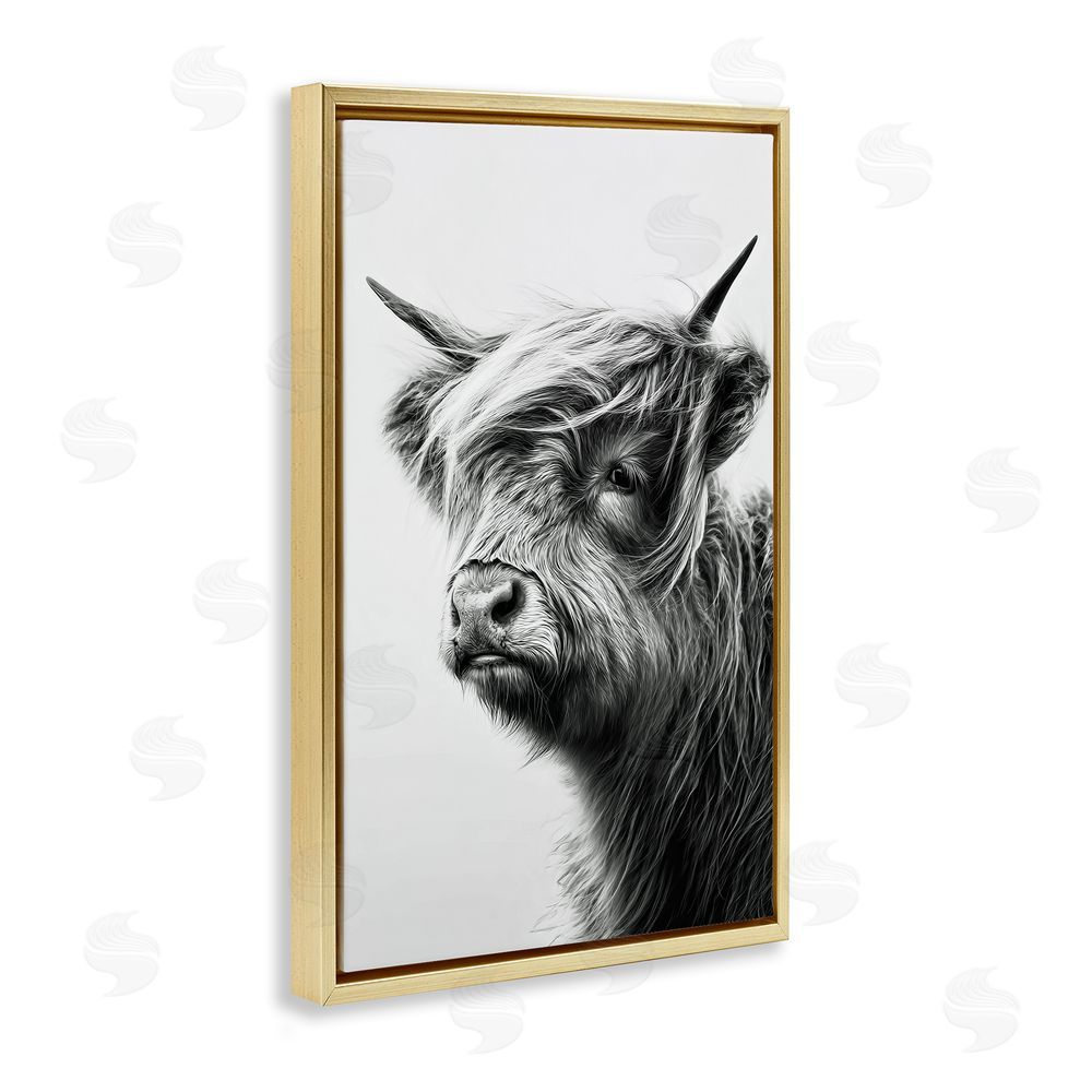 Tina LeCour Highland Cattle Young Calf Gold Floating Frame Canvas Wall Art Print