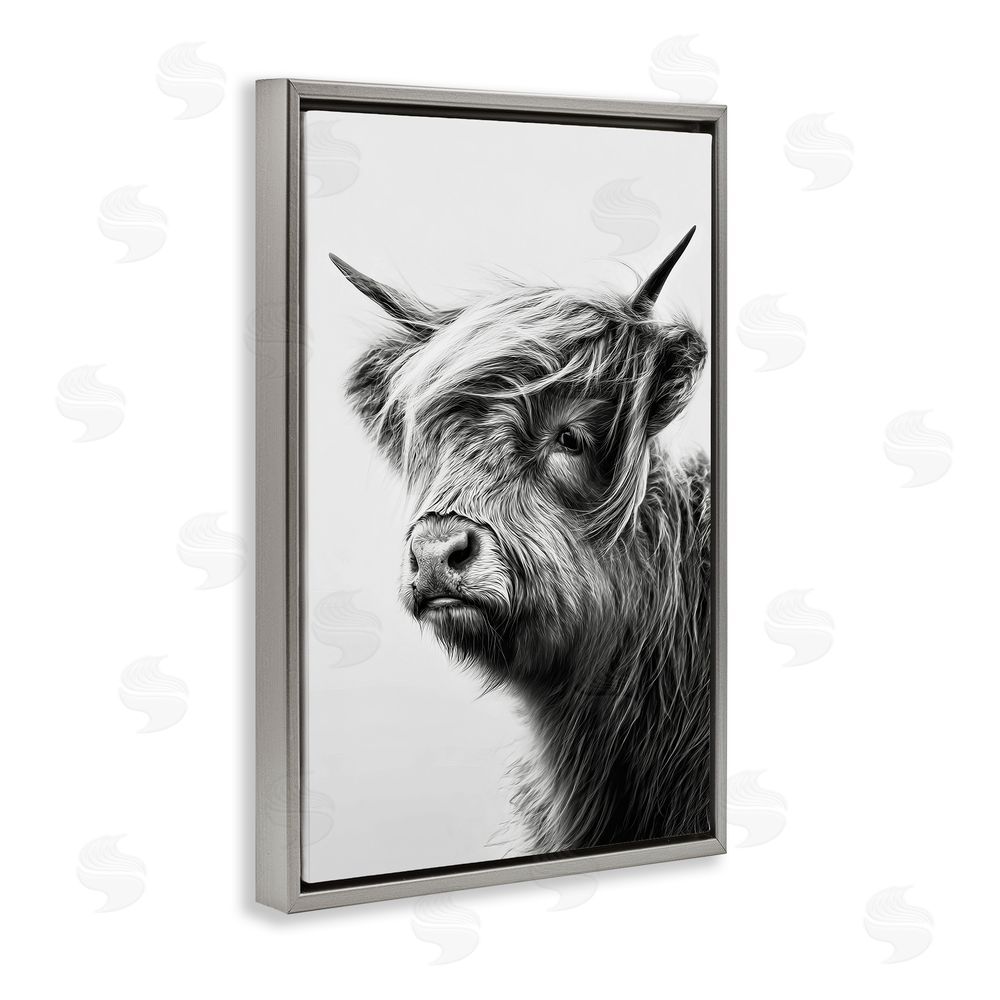 Tina LeCour Highland Cattle Young Calf Gray Floating Frame Canvas Wall Art Print