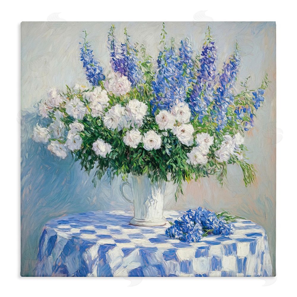 Tina LeCour Her Cottage Delphiniums Bouquet Stretched Canvas Wall Art Print