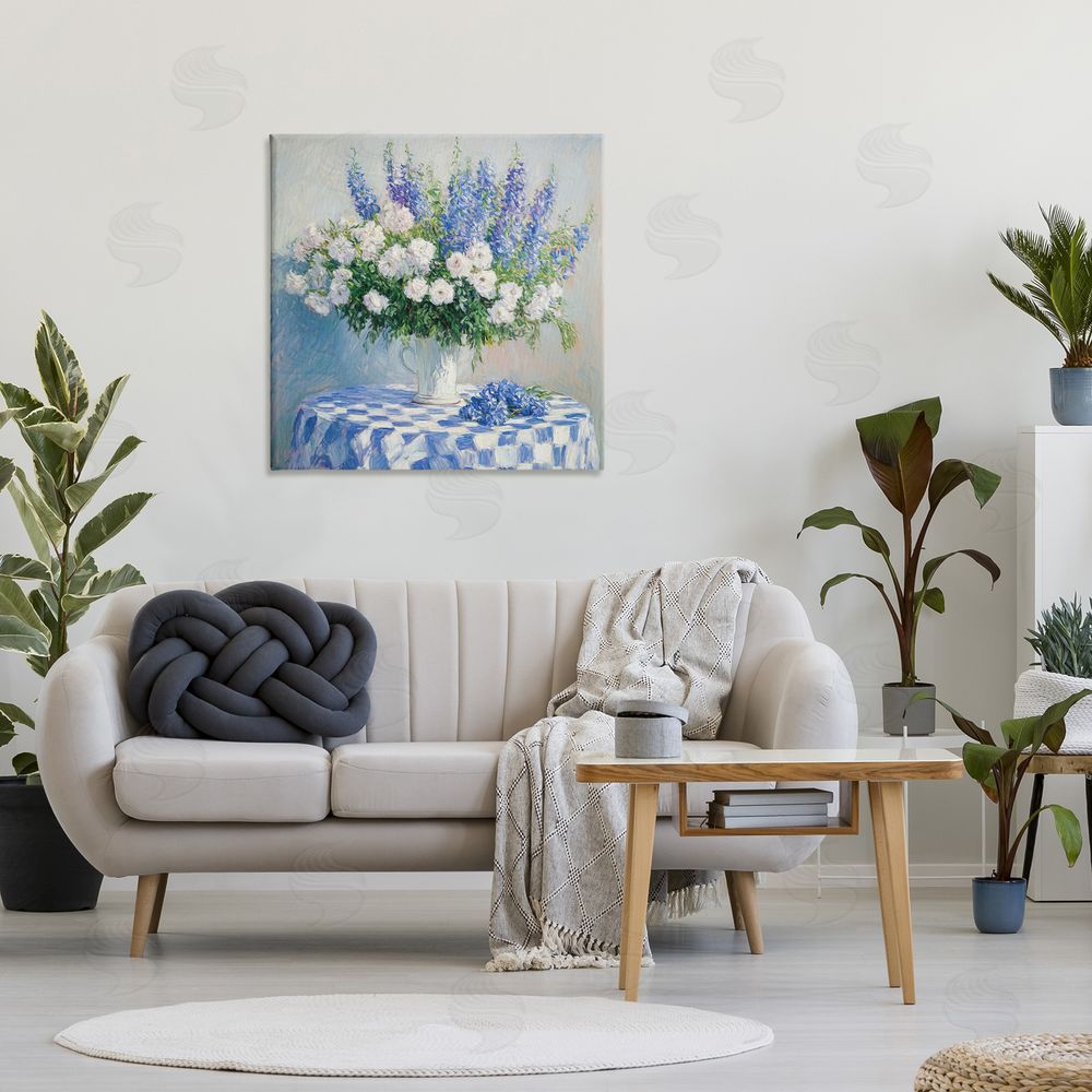 Tina LeCour Her Cottage Delphiniums Bouquet Stretched Canvas Wall Art in Room