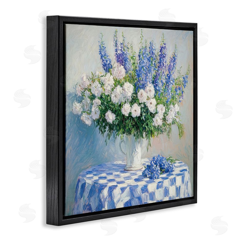 Tina LeCour Her Cottage Delphiniums Bouquet Black Floating Frame Canvas Wall Art Print