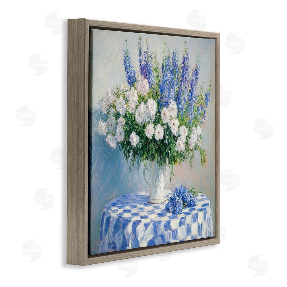 Tina LeCour Her Cottage Delphiniums Bouquet Brown Floating Frame Canvas Wall Art Print