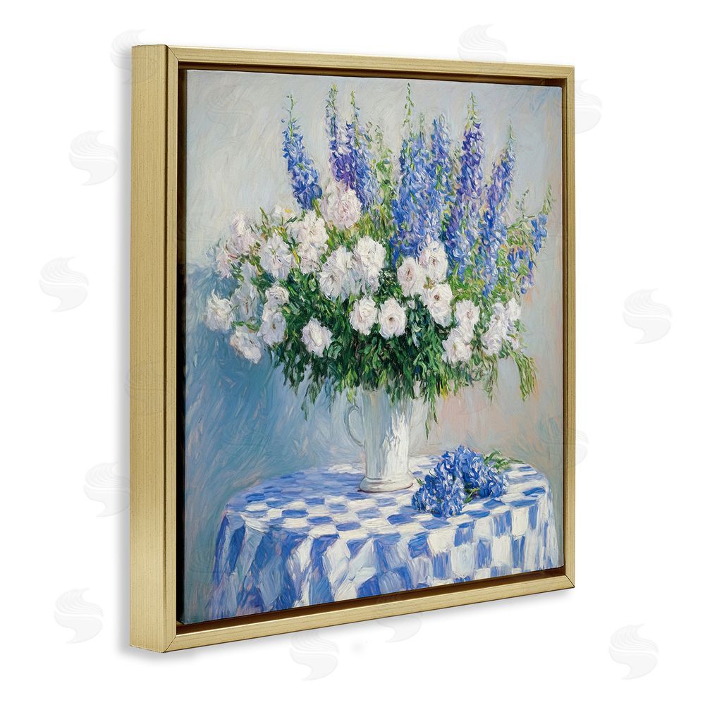 Tina LeCour Her Cottage Delphiniums Bouquet Gold Floating Frame Canvas Wall Art Print