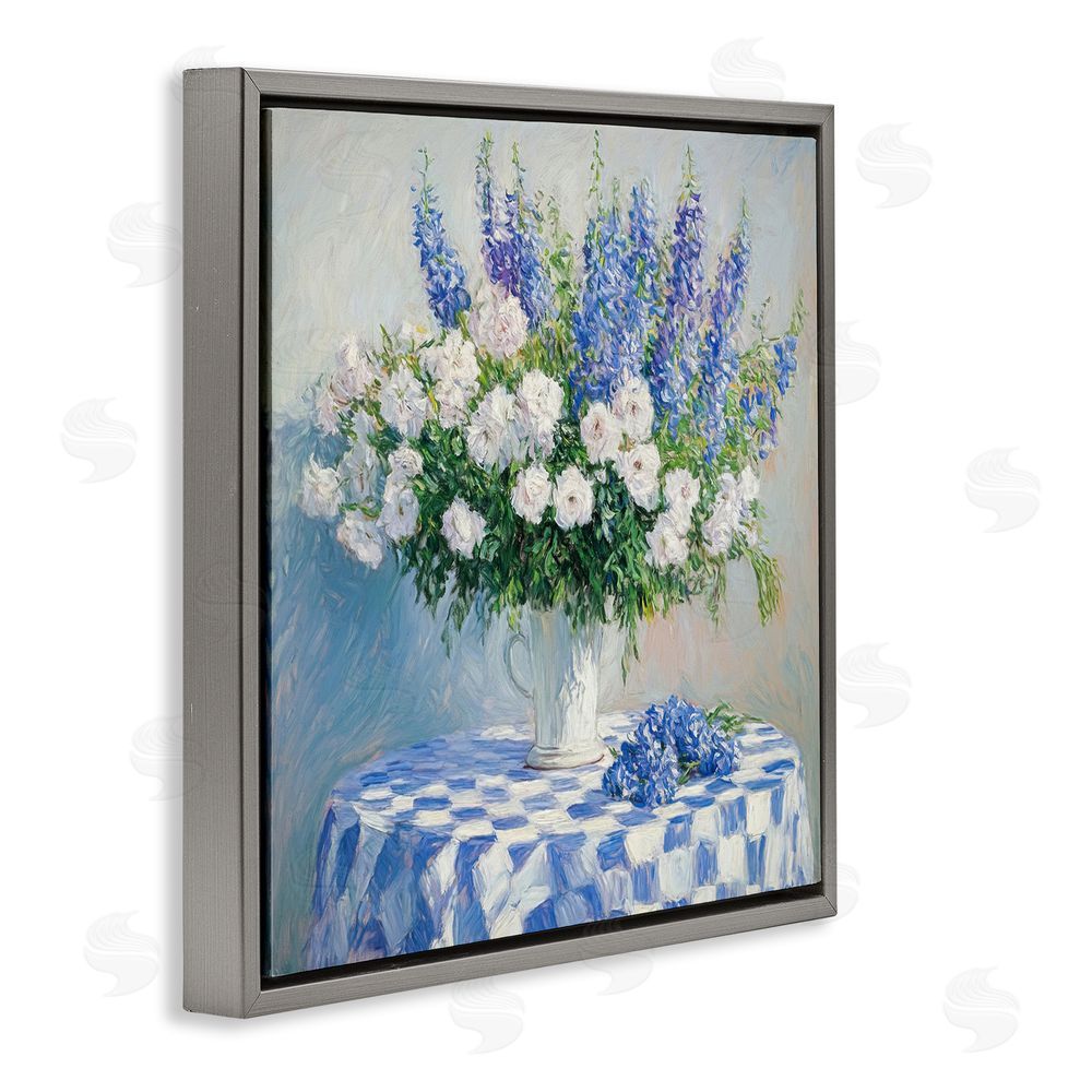 Tina LeCour Her Cottage Delphiniums Bouquet Gray Floating Frame Canvas Wall Art Print