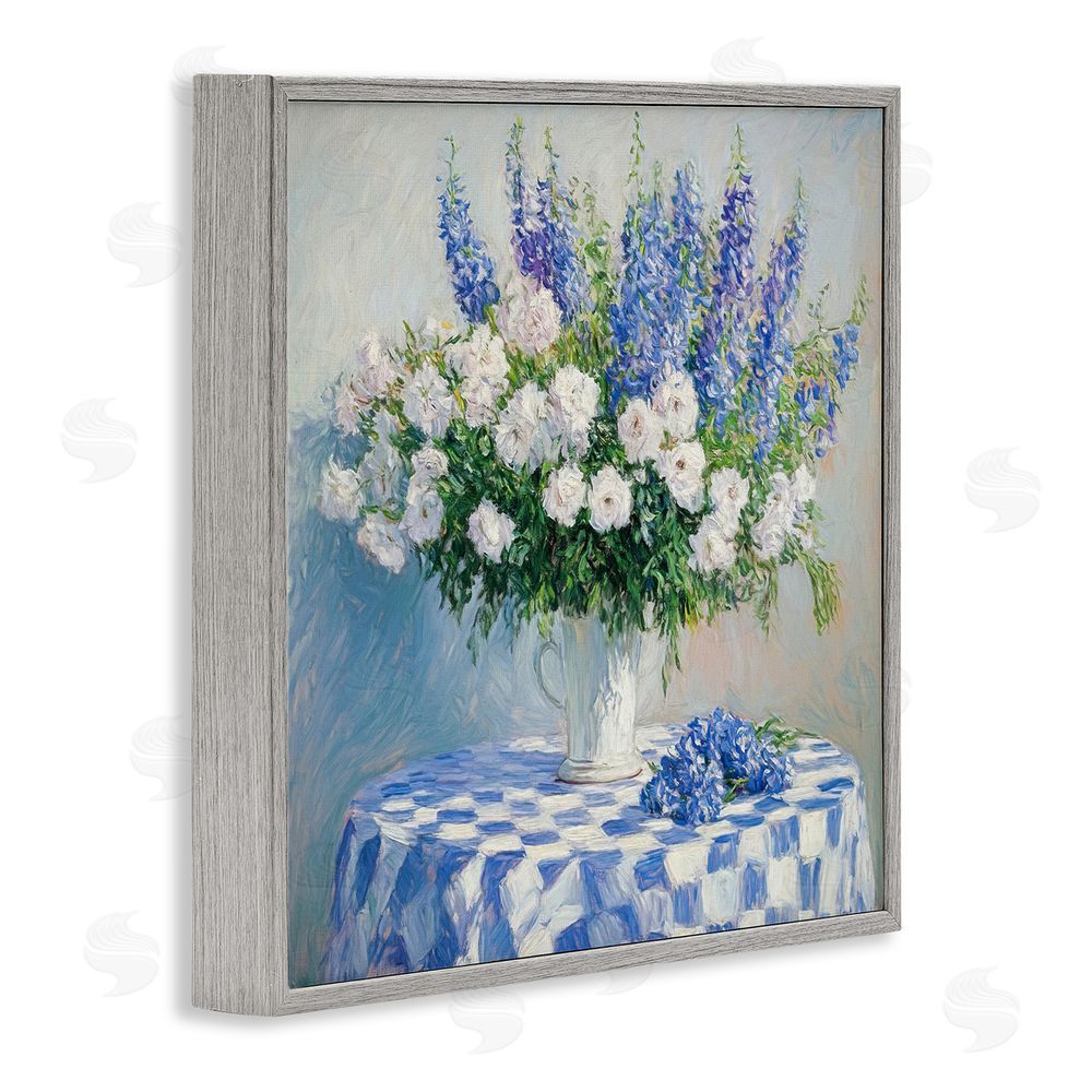 Tina LeCour Her Cottage Delphiniums Bouquet Gray Framed Giclee Wall Art Print