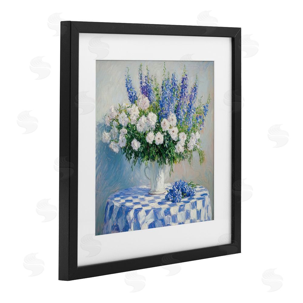 Tina LeCour Her Cottage Delphiniums Bouquet Black Framed Print Under Glass Wall Art