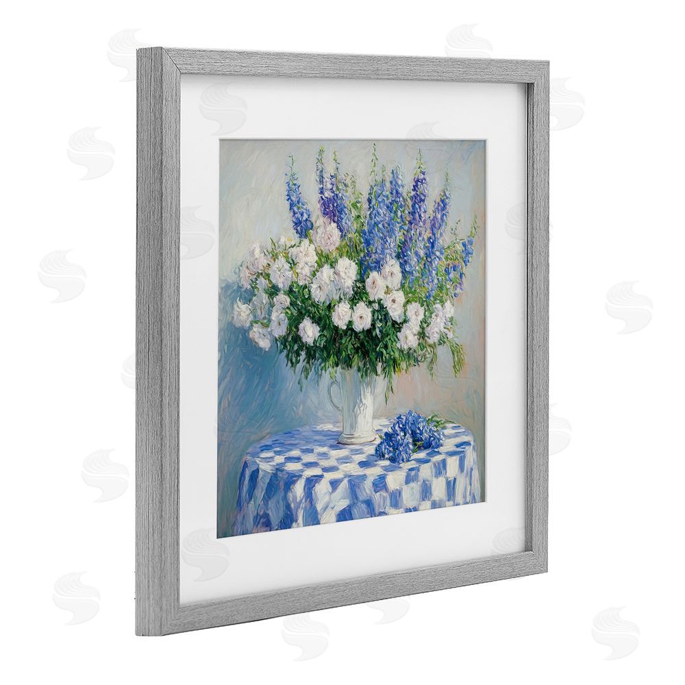 Tina LeCour Her Cottage Delphiniums Bouquet Gray Framed Print Under Glass Wall Art