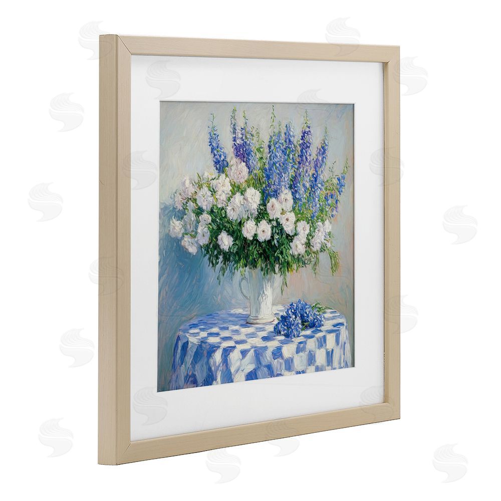 Tina LeCour Her Cottage Delphiniums Bouquet Brown Framed Print Under Glass Wall Art