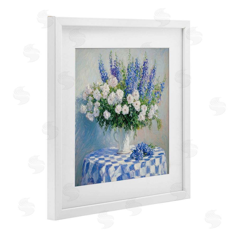 Tina LeCour Her Cottage Delphiniums Bouquet White Framed Print Under Glass Wall Art