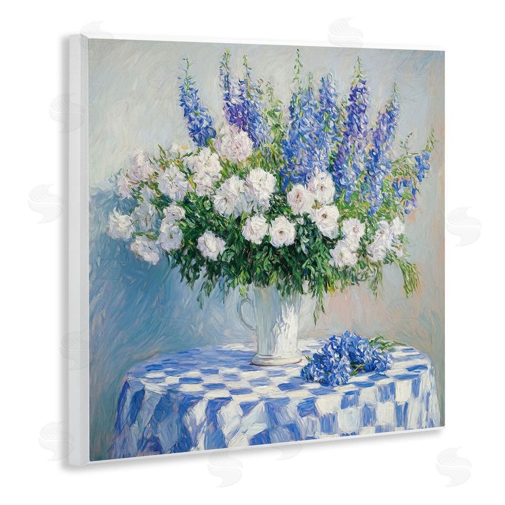 Tina LeCour Her Cottage Delphiniums Bouquet Wooden Wall Plaque Art Print