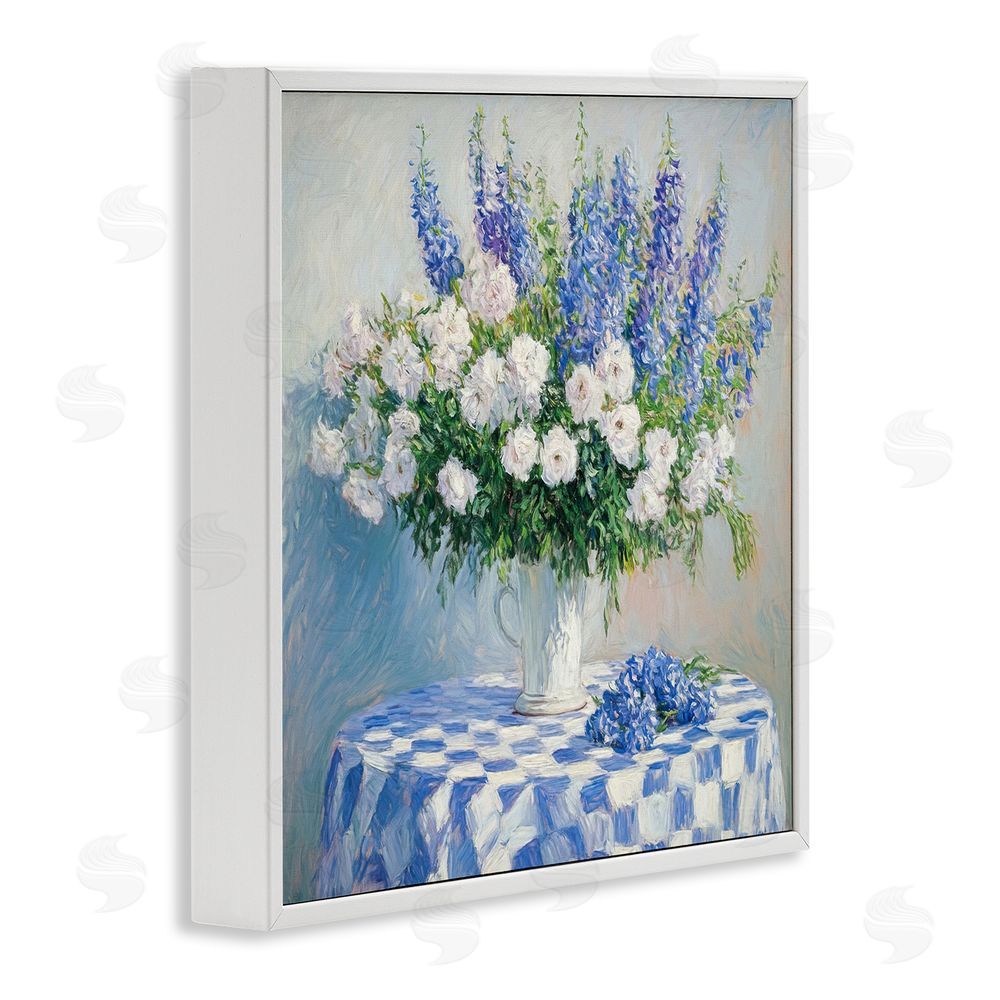 Tina LeCour Her Cottage Delphiniums Bouquet White Framed Giclee Wall Art Print