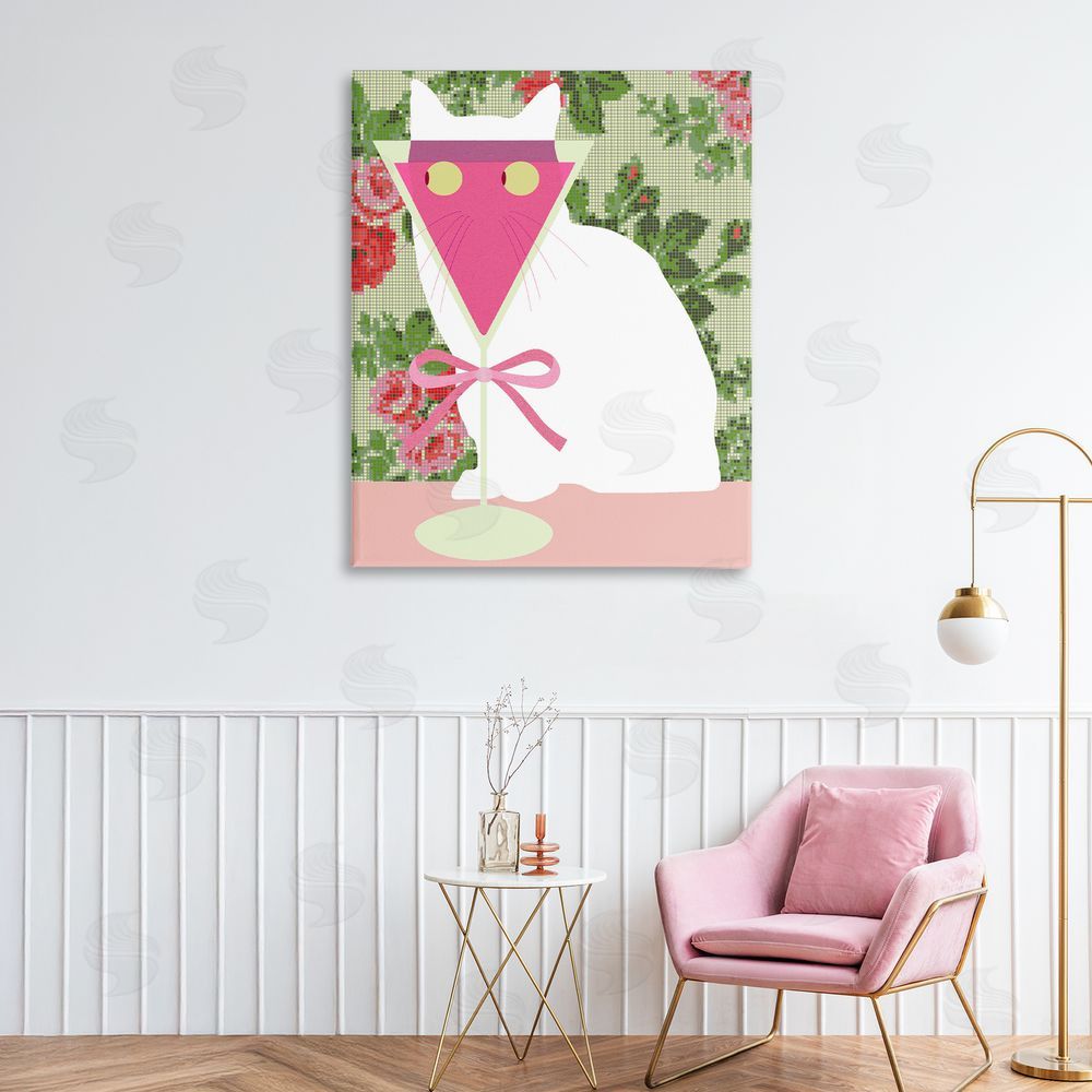 Lil' Rue White Cat with Pink  Martini Stretched Canvas on Wall