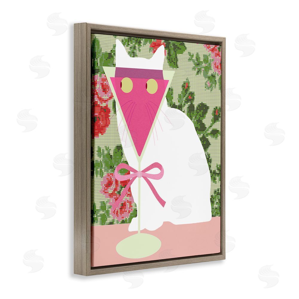 Lil' Rue White Cat with Pink  Martini Brown Floating Framed Canvas Wall Art Print