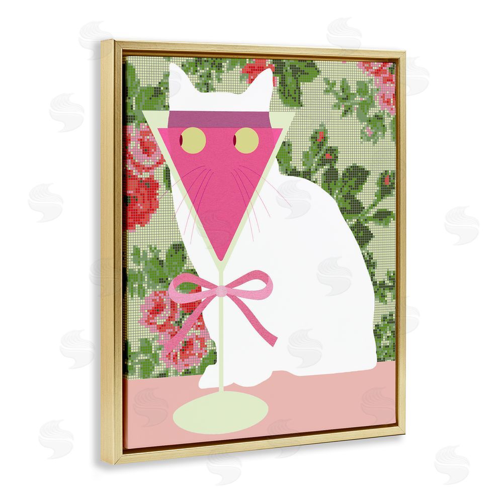 Lil' Rue White Cat with Pink  Martini Gold Floating Framed Canvas Wall Art Print
