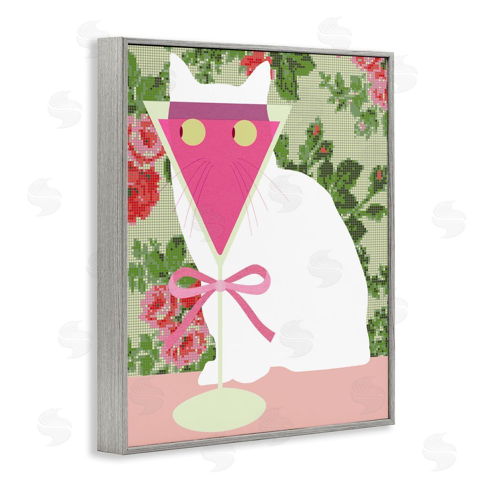 Lil' Rue White Cat with Pink  Martini Gray Framed Giclee Wall Art Print