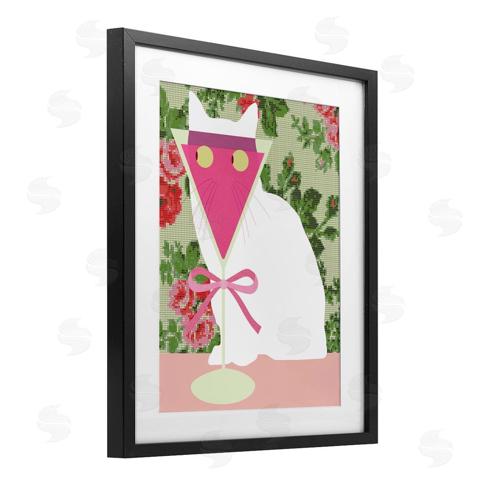 Lil' Rue White Cat with Pink  Martini Black Framed Print Under Glass with White Mat Wall Art