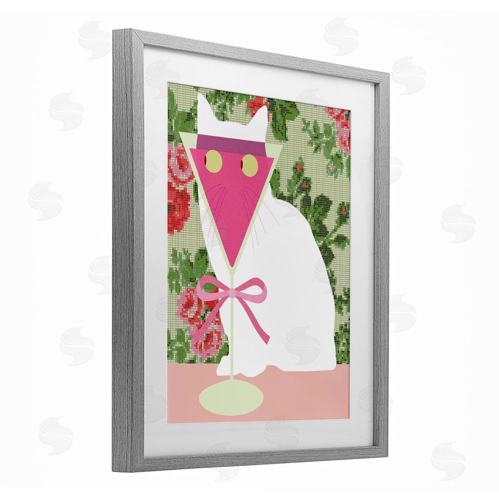 Lil' Rue White Cat with Pink  Martini Gray Framed Print Under Glass with White Mat Wall Art