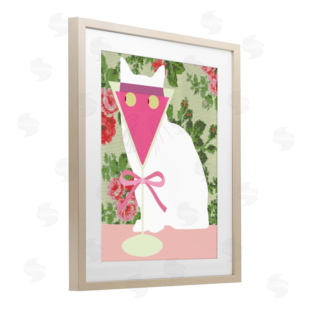 Lil' Rue White Cat with Pink  Martini Brown Framed Print Under Glass with White Mat Wall Art