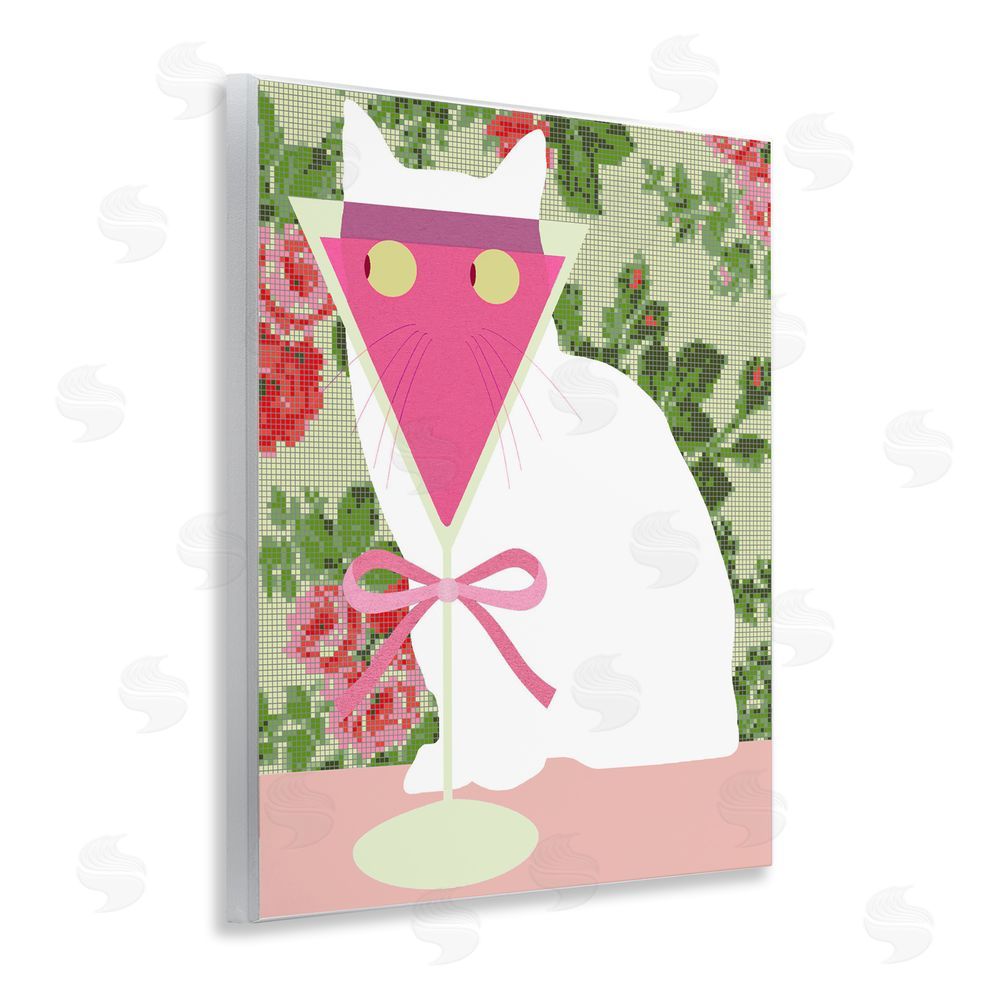 Lil' Rue White Cat with Pink  Martini Wall Plaque Printed Art