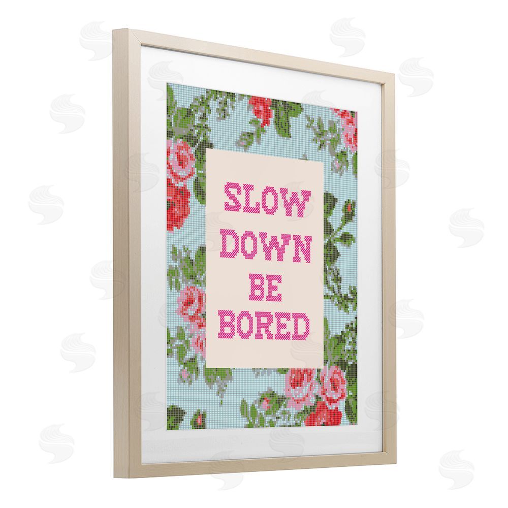 Lil' Rue Slow Down Be Bored Faux Cross Stitch Brown Framed Print Under Glass with White Mat Wall Art